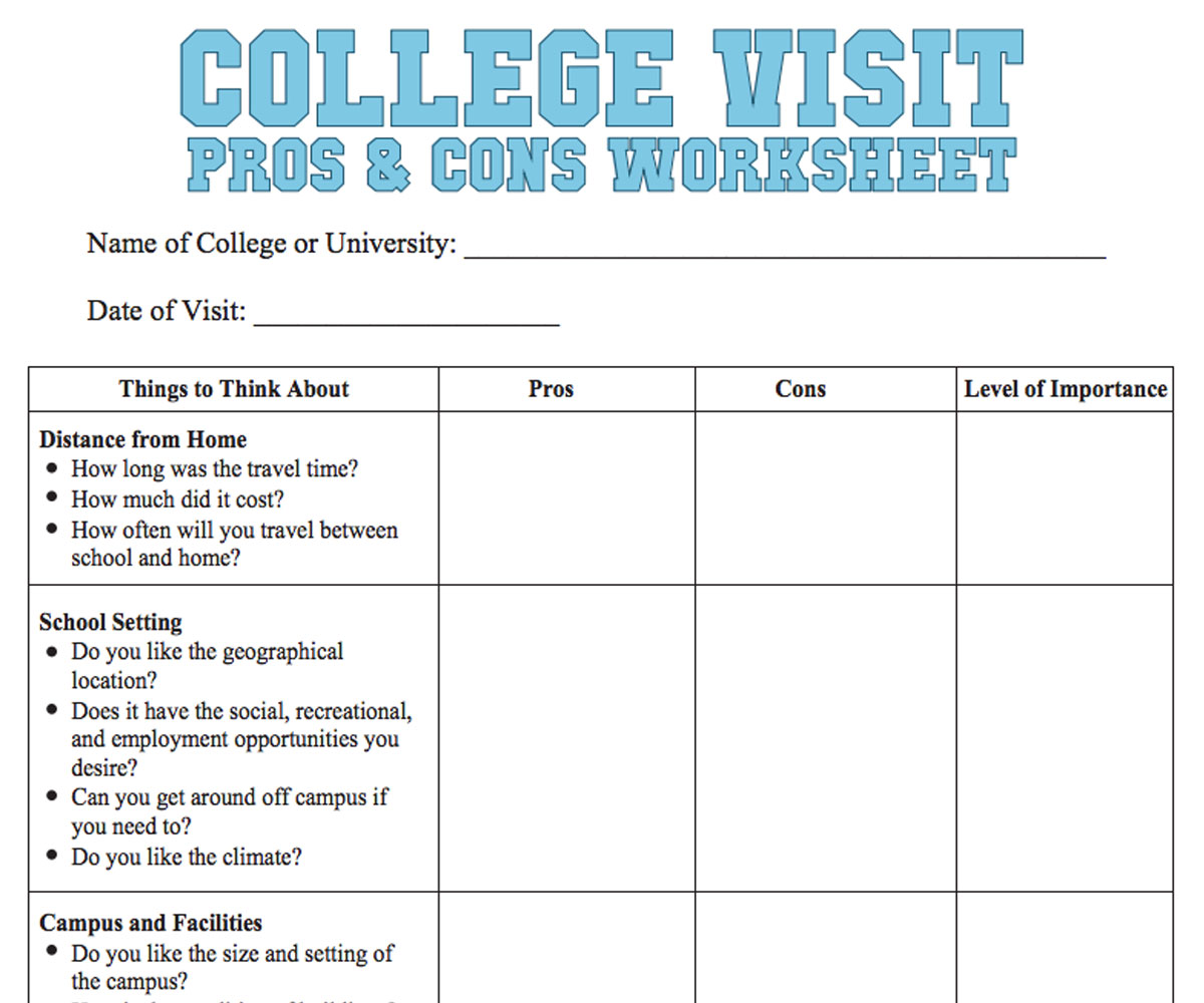 College Visit Checklist Worksheet - FamilyEducation Within Choosing A College Worksheet