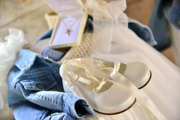 Baptism shoes, dress, and necklace